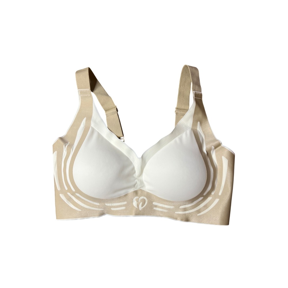 Seamless Wireless V-Neck Bra Beige White Adjustable Straps XL